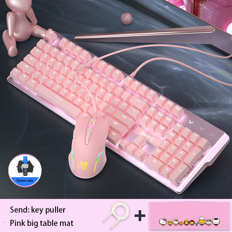 Pink Real Mechanical Keyboard And Mouse Set Girls Cute Gaming Games Dedicated Wired Green Axis Red Axis Girl Heart Luminous Wired Notebook