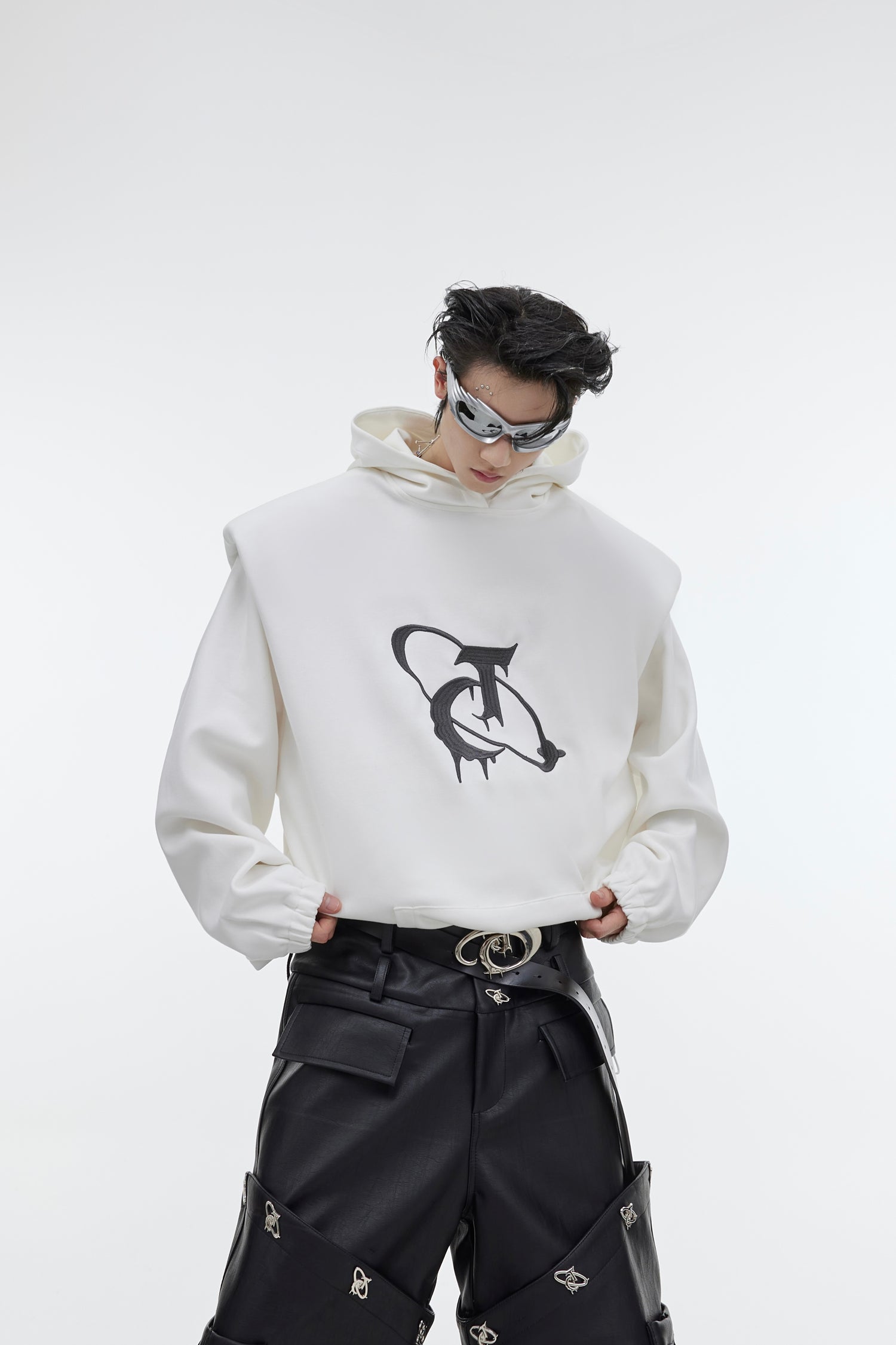 Deconstructed Pleated Shoulder Pad With Plush Hoodie