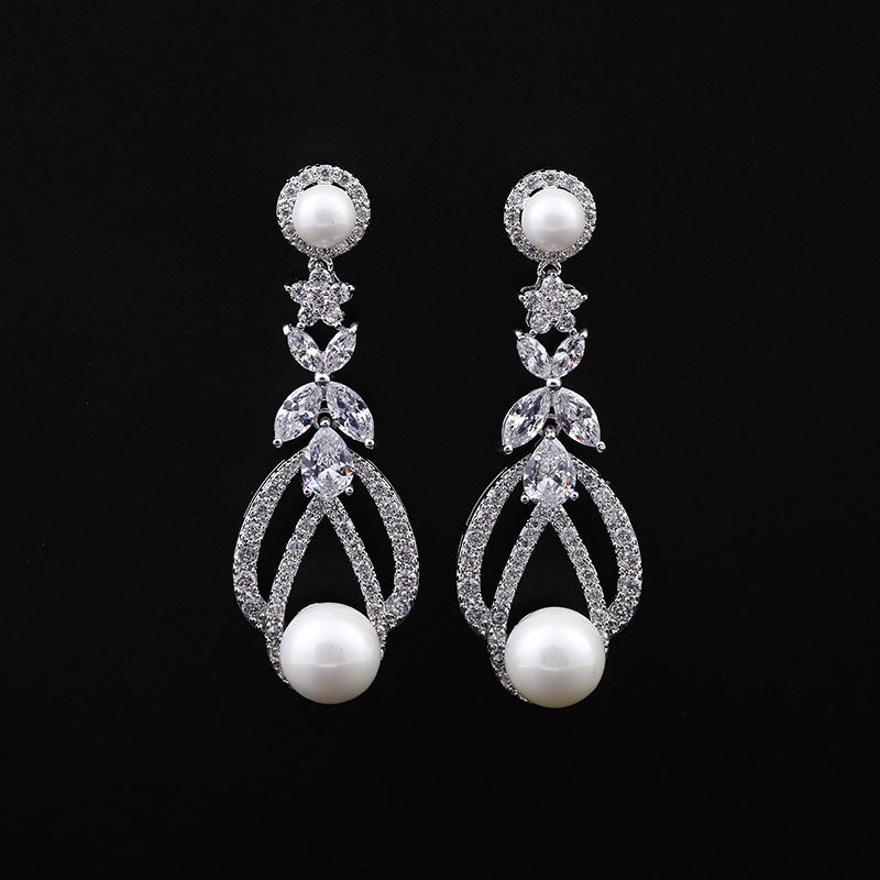 Zircon pierced pearl earrings earrings female 925 silver white gold zircon earrings pearl earrings