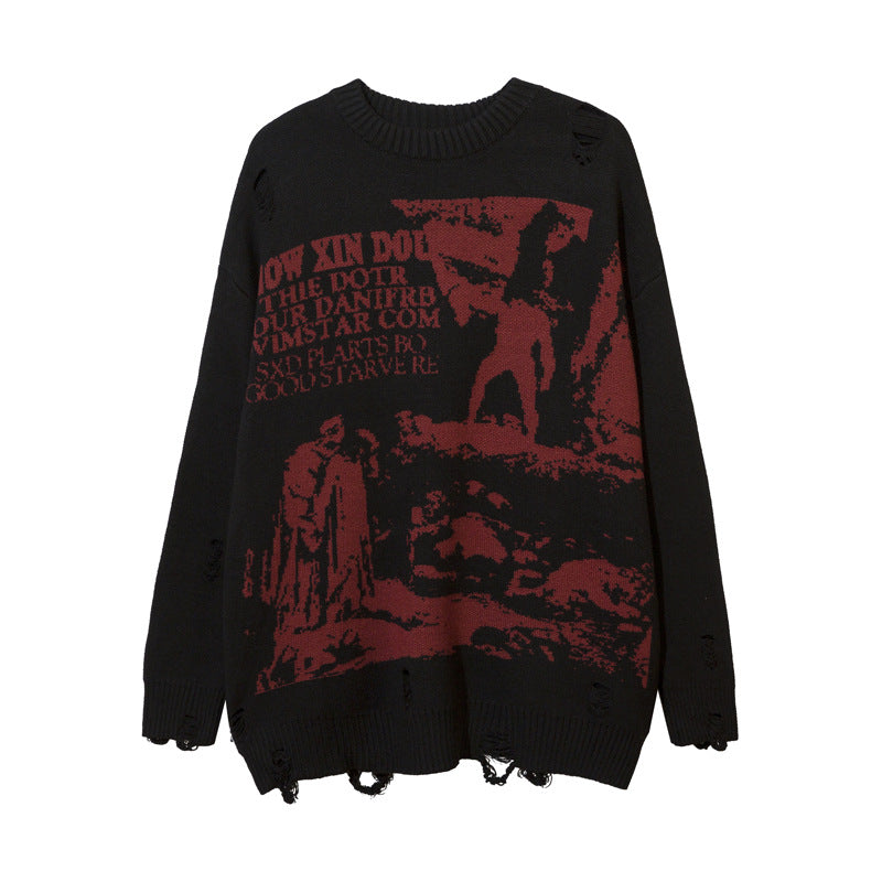 American Street Retro Graffiti Character Brocade Sweater