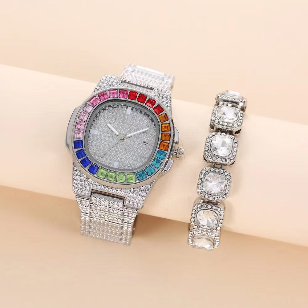 Full Diamond Inlaid Color Diamond Steel Belt Square Belt Calendar Quartz Wrist Watch