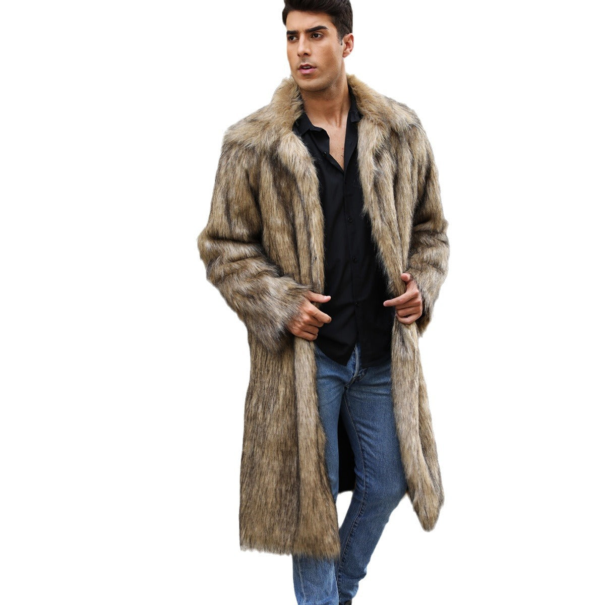 Yellow Lapel Imitation Fox Fur Men's Long Coat