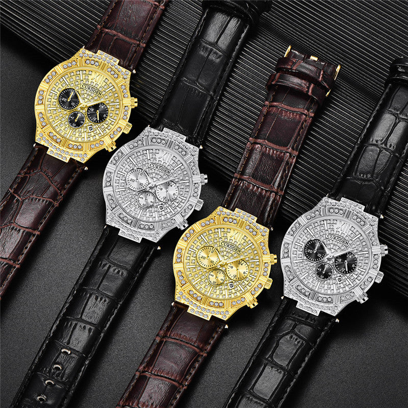 Diamond-embedded Fake Three-Eye Men's Fashion Belt Quartz Watch