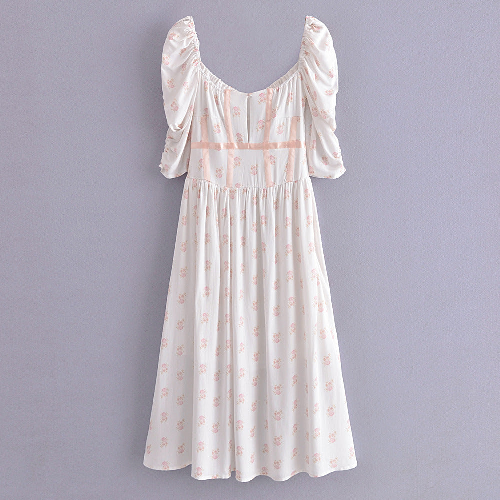 Summer Romantic French Floral Printed Square Collar Puff Sleeve Side Split Dress Temperament Bandage