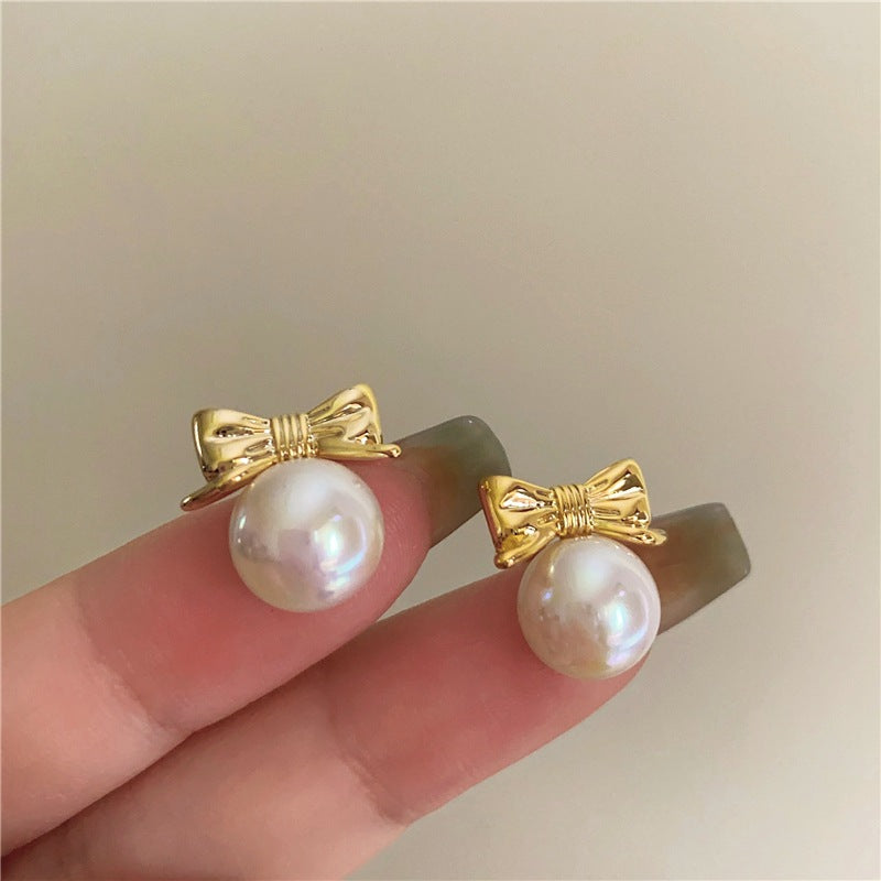 Exquisite Mini French Vintage Pearl Bow Stud Earrings