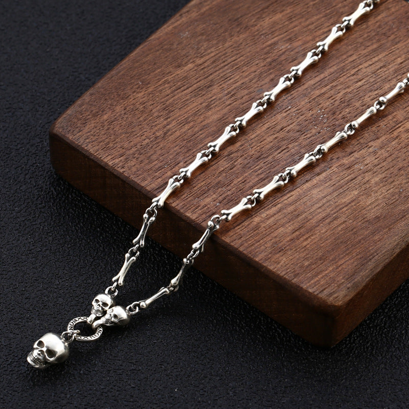 Sterling Silver Male And Female Personality Skull Bone Stitching Necklace