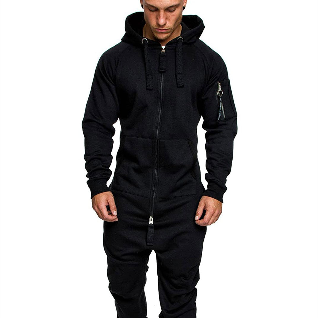 Autumn And Winter New Men's Hooded Fleece Jumpsuit